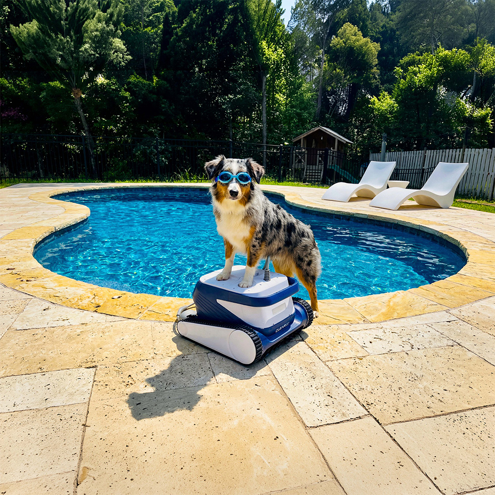 Clear UV poolside with a family dog