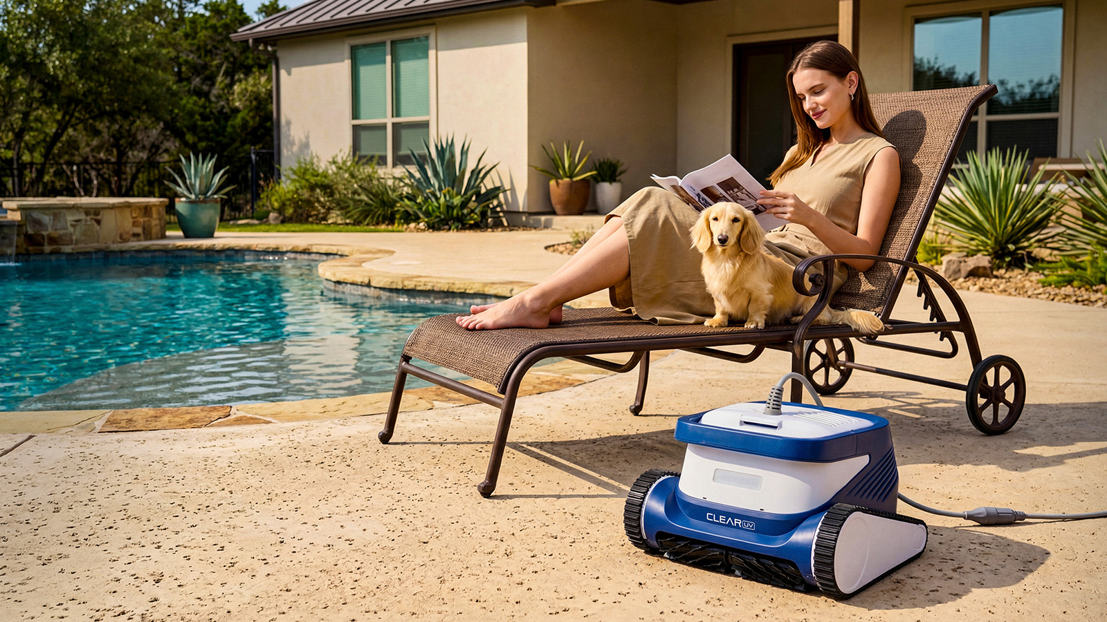 Clear UV robot at a backyard pool