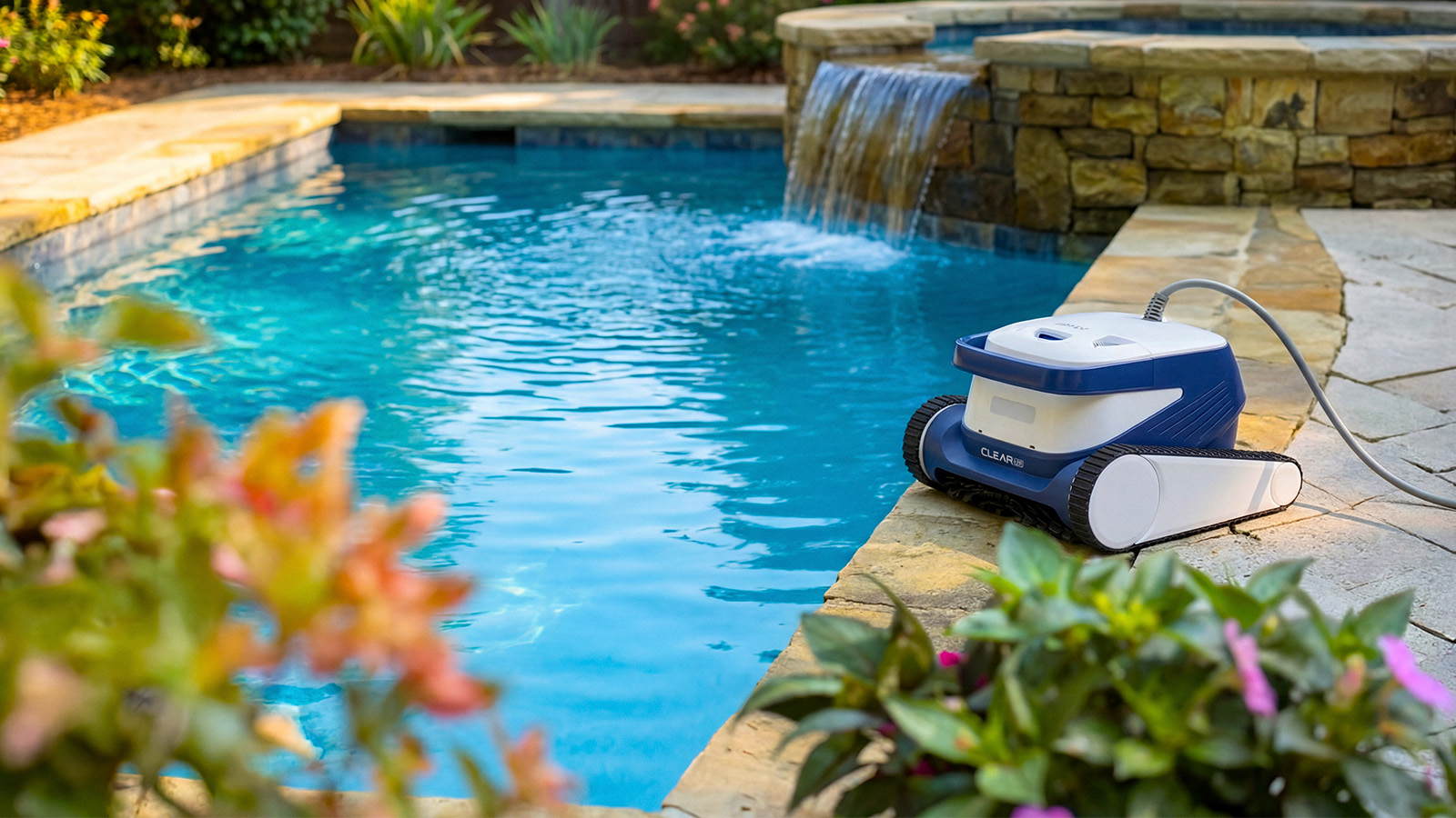Clear UV robot cleaning beside a pool waterfall